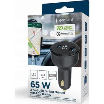 GEMBIRD nabíječka Rychlá nabíječka do auta 2x USB Type-C PD LCD 65W černá