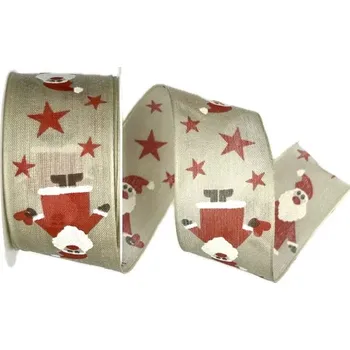 Stuha Stuhy vánoční WITTY SANTA NATUR nature 40mm x 2m (12,50Kč/m) (Vánoční bavlněná stuha, potisk vtipný Santa, s drátkem v lemu)