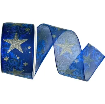 Stuha Vánoční stuha organzová ORGANDY GLITTER STAR BLUE modrá 40mm x 2m (16,- Kč/m) Premium (Vánoční stuha organzová, barva modrá, zlatý glitrový potisk, transparentní, s vlascem v lemu)