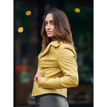 Dámský kožich Dámská kožená bunda z pravé kůže žlutá, VELIKOST L