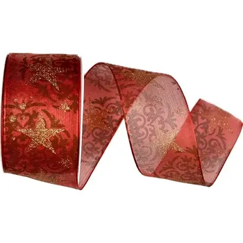 Stuha Vánoční stuha organzová ORGANDY GLITTER STAR RED červená 40mm x 2m (16,- Kč/m) Premium (Vánoční stuha organzová, barva červená, zlatý glitrový potisk, transparentní, s vlascem v lemu)