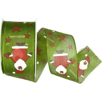 Stuha Stuhy vánoční WITTY SANTA GREEN zelená 40mm x 2m (12,50Kč/m) (Vánoční bavlněná stuha, potisk vtipný Santa, s drátkem v lemu)