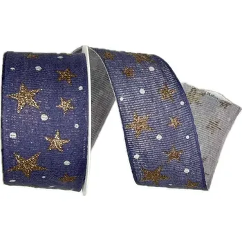 Stuha Vánoční bavlněná stuha STAR LIGHT DARK BLUE 40mm x 2m (14,-Kč/m) (Vánoční stuha tmavě modrá, bavlněná, jednostranný potisk, zesílené okraje)