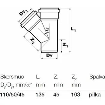 kanalizace T-kus vnitřní kanalizace Wavin, O 50 / 110 mm, 45°