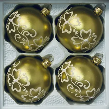 Vánoční ozdoba Sada zelených skleněných koulí s malovanými čtyřlístky (Sada 4 ks, velikost 8 cm) IRISA Velikost: 8 cm, Balení: 4 ks, Barva: zelená