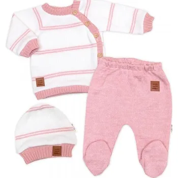 Kojenecká souprava Baby Nellys 3D Lux pletená sada pro miminko s jemným proužkem růžová/bílá