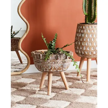 Květináč Květináč na stojanu světle hnědý oxid hořečnatý kulatá základna nohy z masivního dřeva vysoký květináč Beliani