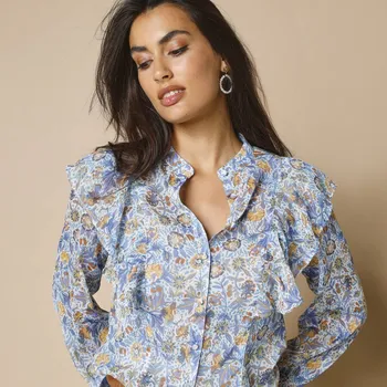 Dámská halenka Blancheporte Košilová halenka s volány a potiskem režná/modrá 46