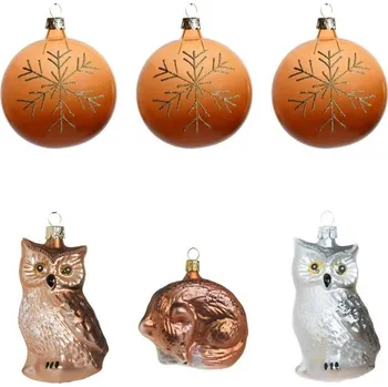 Vánoční ozdoba Koulier Skleněné vánoční ozdoby sada - Sovy, lištička a baňka se sněhovou vločkou, 6 ks