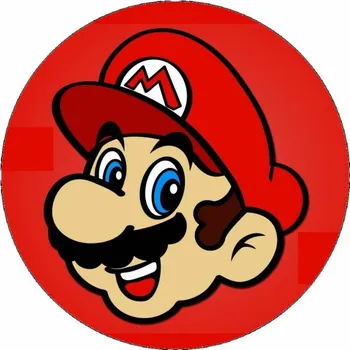 Jedlá dekorace na dort Jedlý papír Super Mario hlava na červeném pozadí 19,5 cm
