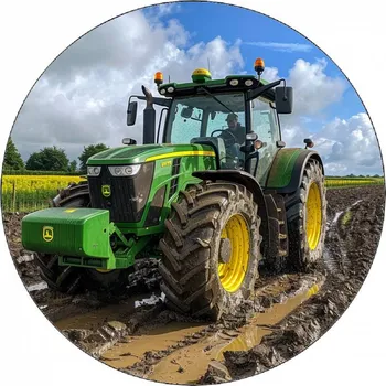 Jedlá dekorace na dort Jedlý papír John Deere traktor na poli 19,5 cm