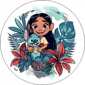 Jedlá dekorace na dort Jedlý papír Lilo a Stitch s květinami 19,5 cm
