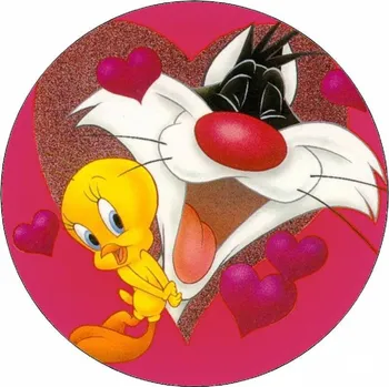 Jedlá dekorace na dort Jedlý papír Looney Tunes Silvestr a Tweety srdce 19,5 cm