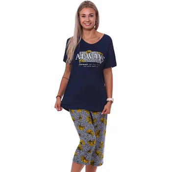 Dámské noční prádlo Modré šedé a žlutozelené pyžamo pro plnoštíhlé ženy či dívky s 3/4 nohavicí s ginko listy ALWAYS 1B2008 žlutá 1xl