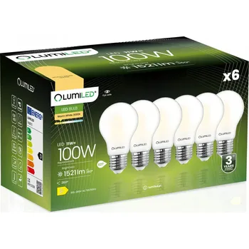Žárovka 6x LED žárovka E27 A60 11W = 100W 1521lm 3000K Teplá bílá 360° FILAMENT LUMILED