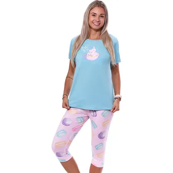 Dámské pyžamo Azurové i duhově barevné pyžamo pro ženy či dívky s 3/4 nohavicí koťátka milují makronky 1B2049 modrá s