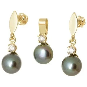 Souprava šperků Zlatá souprava s diamanty a černými perlami BSOUP014 + DÁREK ZDARMA