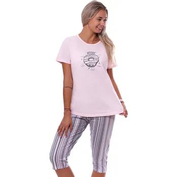 Dámské pyžamo Růžové i šedé duhově pruhované pyžamo pro ženy či dívky s 3/4 nohavicí DONUT 1B2028 růžová l