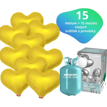 Balónek Helium set - helium a balónky IBREX srdce zlaté 15 ks - Balonky.cz b82052