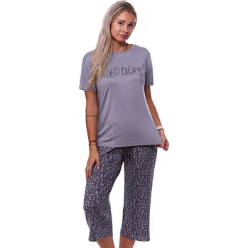 Dámské pyžamo Šedé grafitové jemné luxusní dámské pyžamo Capri s písmenkový vzor MILUJI SNĚNÍ 1B1939 šedá l