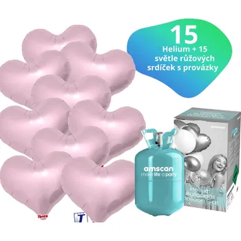 Balónek Helium set - helium a balónky IBREX srdce světlerůžové 15 ks - Balonky.cz b82043