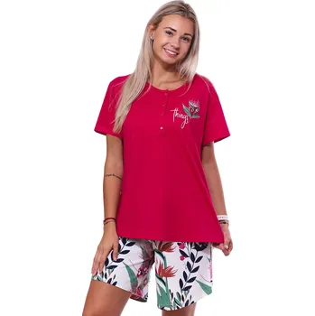 Dámské noční prádlo Růžové, bílé a zelené květinové pyžamo pro plnoštíhlé ženy či dívky s knoflíky a kraťasy Things 1B1963 růžová 2xl