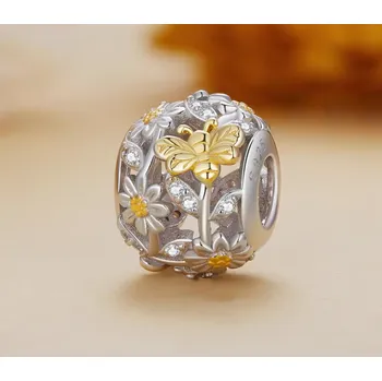 Přívěsek For Silver Korálek Zlatá včelka s květy - Stříbro 925