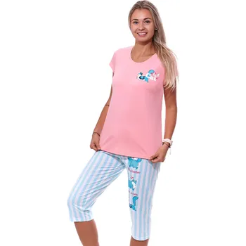 Dámské pyžamo Růžové, azurové i bíle pruhované pyžamo pro ženy či dívky s 3/4 nohavicí pro milovnice koček 1B2074 růžová l
