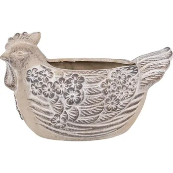 Obal na květináč Béžový kameninový obal na květináč slepička s květinovým peřím L Ferdi – 26x16x15 cm
