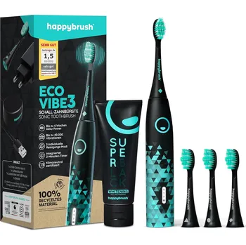 Elektrický zubní kartáček happybrush® Sonic Toothbrush Vibe 3 | Elektrický zubní kartáček černý s elektrickou kartáčkovou hlavicí a bělící zubní pastou (v X0010CNYC1