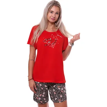 Dámské pyžamo Červené i hnědé pyžamo pro plnoštíhlé ženy či dívky s krátkou nohavicí mandaly a ptáček 1B1941 červená 1xl