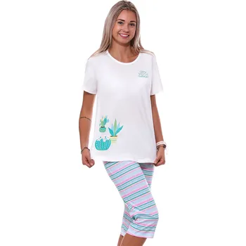 Dámské pyžamo Bílé zelené i duhově pruhované pyžamo pro ženy či dívky s 3/4 nohavicí pro milovnice kaktusů 1B2067 bílá xl