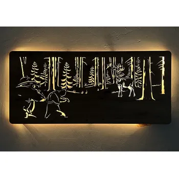 Obraz Li-Go "Jelen a myslivec" světelný obraz s baterií 110x50cm varianta: ovládání na obraze včetně dálkového ovladače, provedení: dub světlý