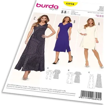 Střih Burda 6894 - Áčkové šaty, midi šaty, dlouhé šaty