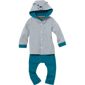 Dětský koplet "BEAVER" STIHL (04204500468) (Kabátek šedý melír s kapucí s obličejem bobra, 54 % bavlna, 46 % polyester, kalhoty v modré barvě s ohrnutými nohavicemi, 100 % bavlna, kabátek s patentními knoflíky, zádový pásek v oranžové, emblém STIHL)