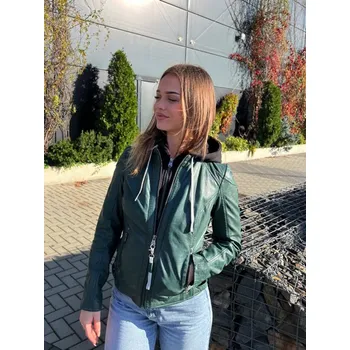 Dámská casual bunda Zelená kožená bunda s kapucí GWAlice DB Velikost XXL