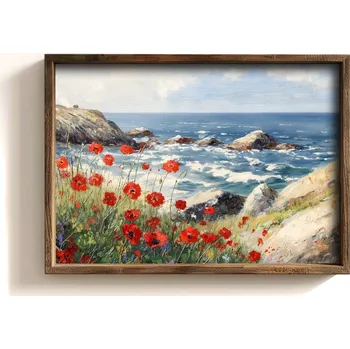 Obraz Dekorativní obraz v dřevěném rámu vlny moře a květy máků, 35x 47 cm + vyzvednutí ZDARMA