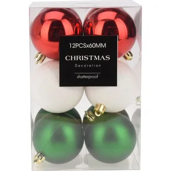 Vánoční dekorace Vánoční koule 60 mm - červená, bílá, zelená (sada 12 ks)