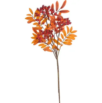 umělá květina Podzimní větvička s listy a bobulemi - oranžová/červená