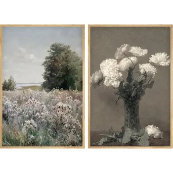 Obraz Dekorativní obraz v dřevěném rámu zarostlá louka a kytka ve váze, 2 ks 30 x 40 cm + vyzvednutí ZDARMA