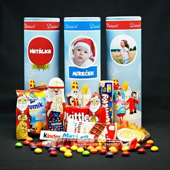 Dárkový potravinový koš Mikulášský balíček v tubusu s potiskem, jménem a fotografií
