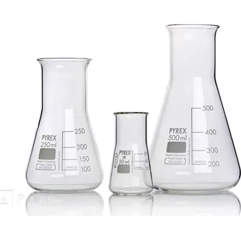Baňka Erlenmeyerova širokohrdlá (Objem (ml): 500, Průměr baňky (mm): 105, ID hrdla (mm): 46, Výška (mm): 175, Materiál: PYREX®)