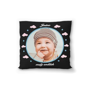 Polštář Černý polštář s vlastní fotografií. Motiv malý andílek s vlastní fotografií.