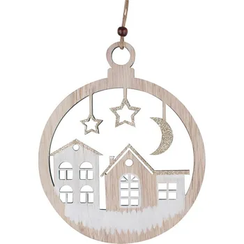 Vánoce Dřevěná ozdoba - Baňka vyřezávaná s domky a nebem se zlatým glitrem na zavěšení