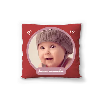 Polštář Červený polštář s vlastní fotografií. Motiv miminka s vlastní fotografií