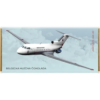 Cukrovinka Čokoláda 100 g mléčná RETRO letadlo JAKOVLEV JAK-40 (belgická čokoláda v edici historických letadel)