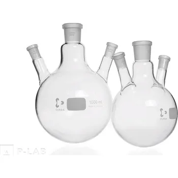 Baňka s kulatým dnem a třemi tubusy se zábrusem | DURAN® (Objem (ml): 250, Centrální zábrus NZ: 29/32, Postranní zábrusy NZ: 29/32 , Výška (mm): 140, Průměr baňky (mm): 85, Balení (ks): 1)