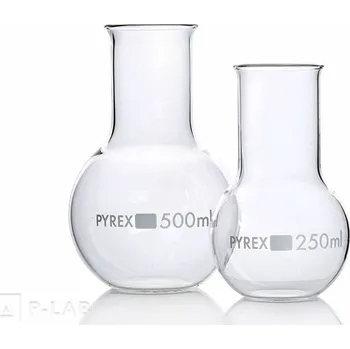 Baňka s rovným dnem širokohrdlá | PYREX® (Objem (ml): 250, Průměr baňky (mm): 85, Vnitřní průměr hrdla (mm): 50, Výška (mm): 138, Balení (ks): 1)