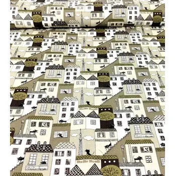Bavlněná látka domky béžové plátno 140cm | RTex