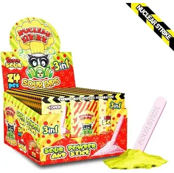 Bonbon Kyselý prášek & ovocná kyselá tyčinka z komprimátu NUCLEAR STRIKE 3v1 18 g - 2x kyselý prášek - jablko & citrón - balení 24 ks (kyselý prášek NUCLEAR / ovocný komprimát)